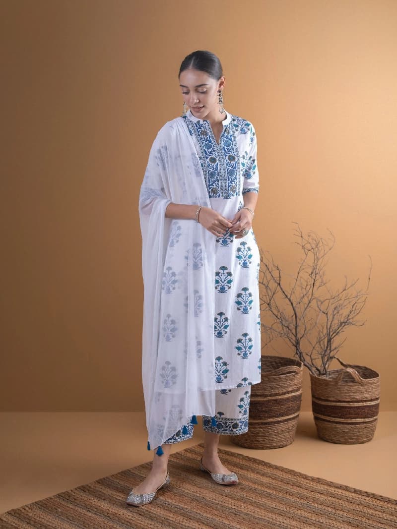 Women's White Casual Printed Kurta Set