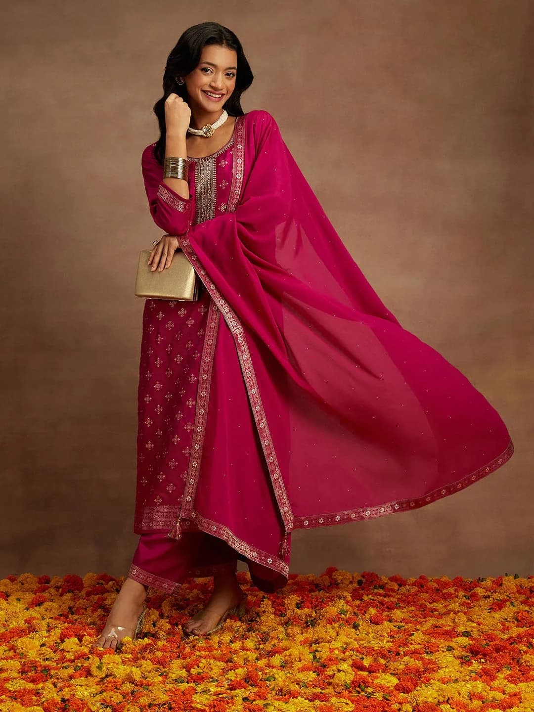 Women's Red Festive Printed Kurta Set