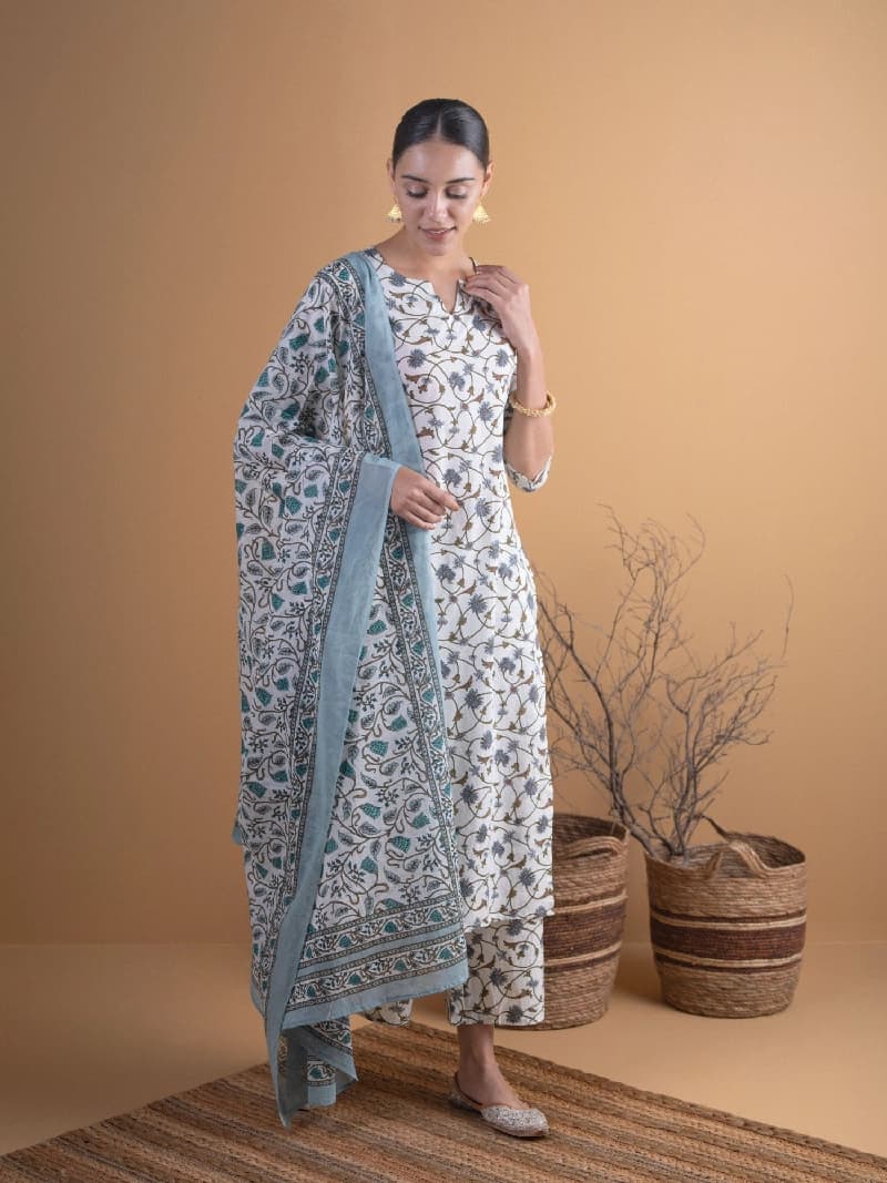 Women's White Casual Printed Kurta Set