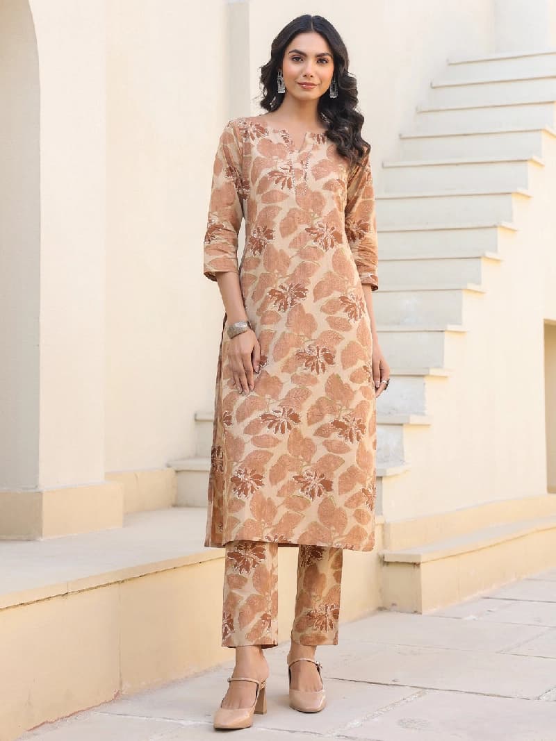 Women's Beige Festive Kurta Set