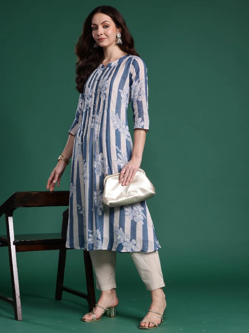 Women's Blue Casual Printed Kurta Set