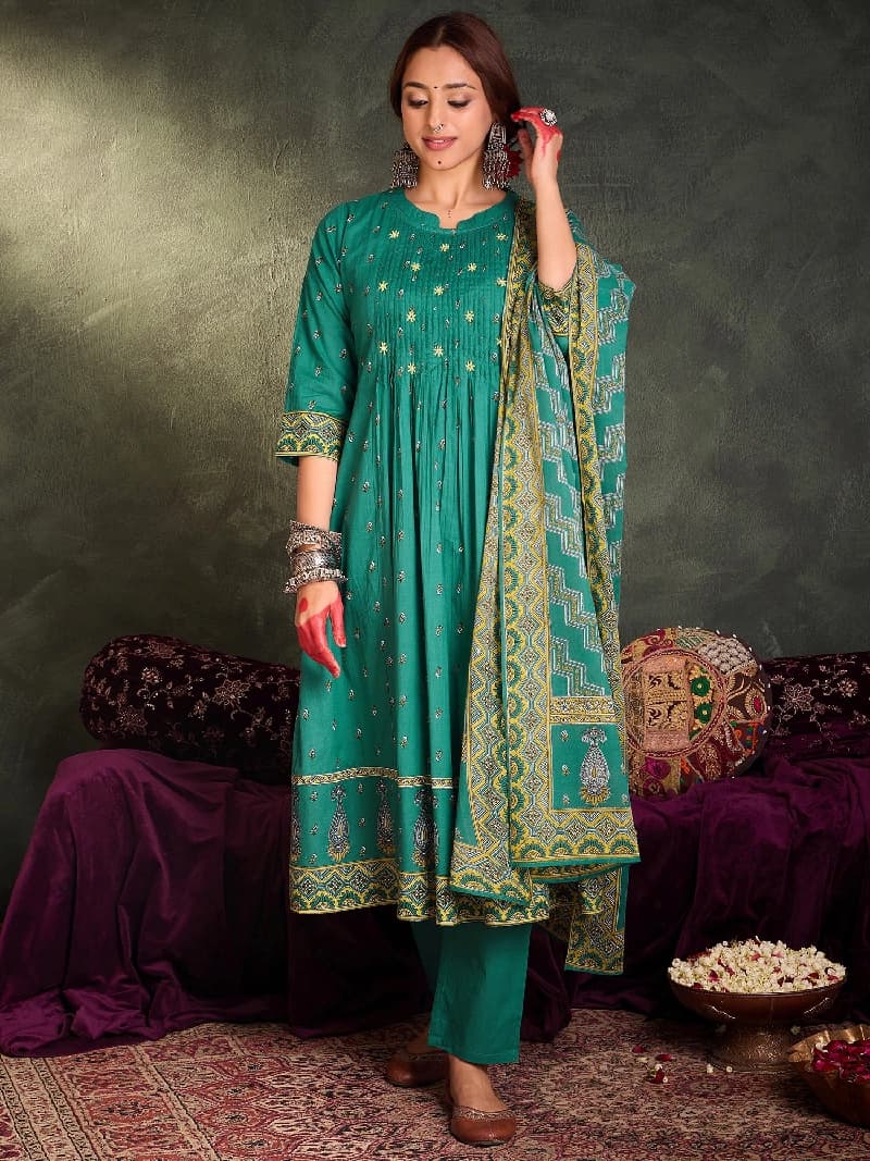 Women's Green Embroidered A-Line Kurta Trouser with Dupatta Set