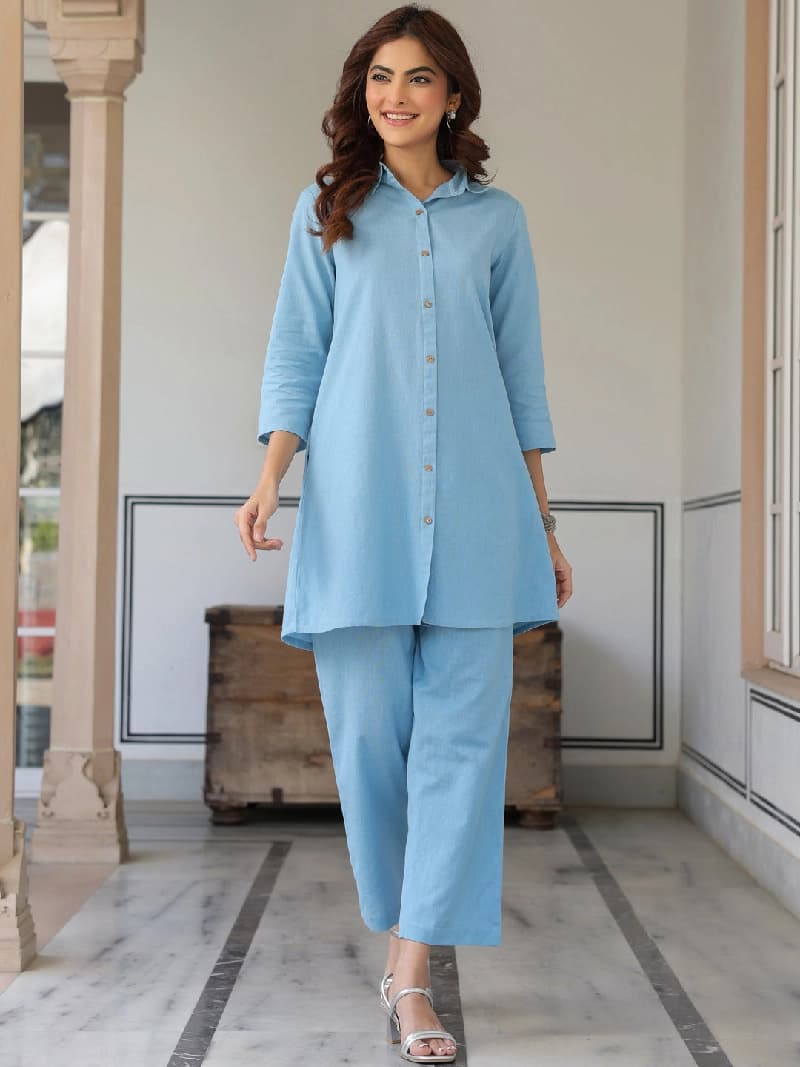 Women's Blue Casual Solid Co-ords Set