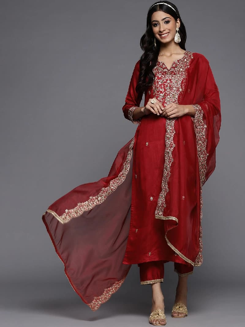Women's Red Festive Kurta Set