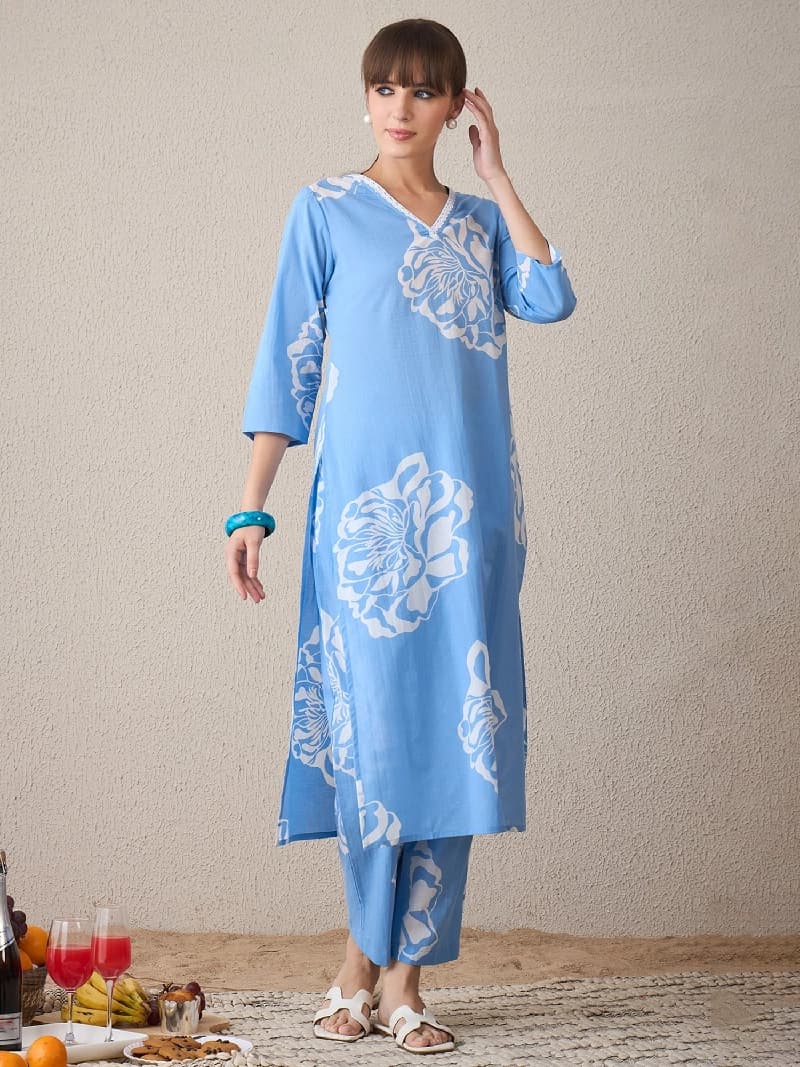 Women's Blue Casual Printed Kurta Set