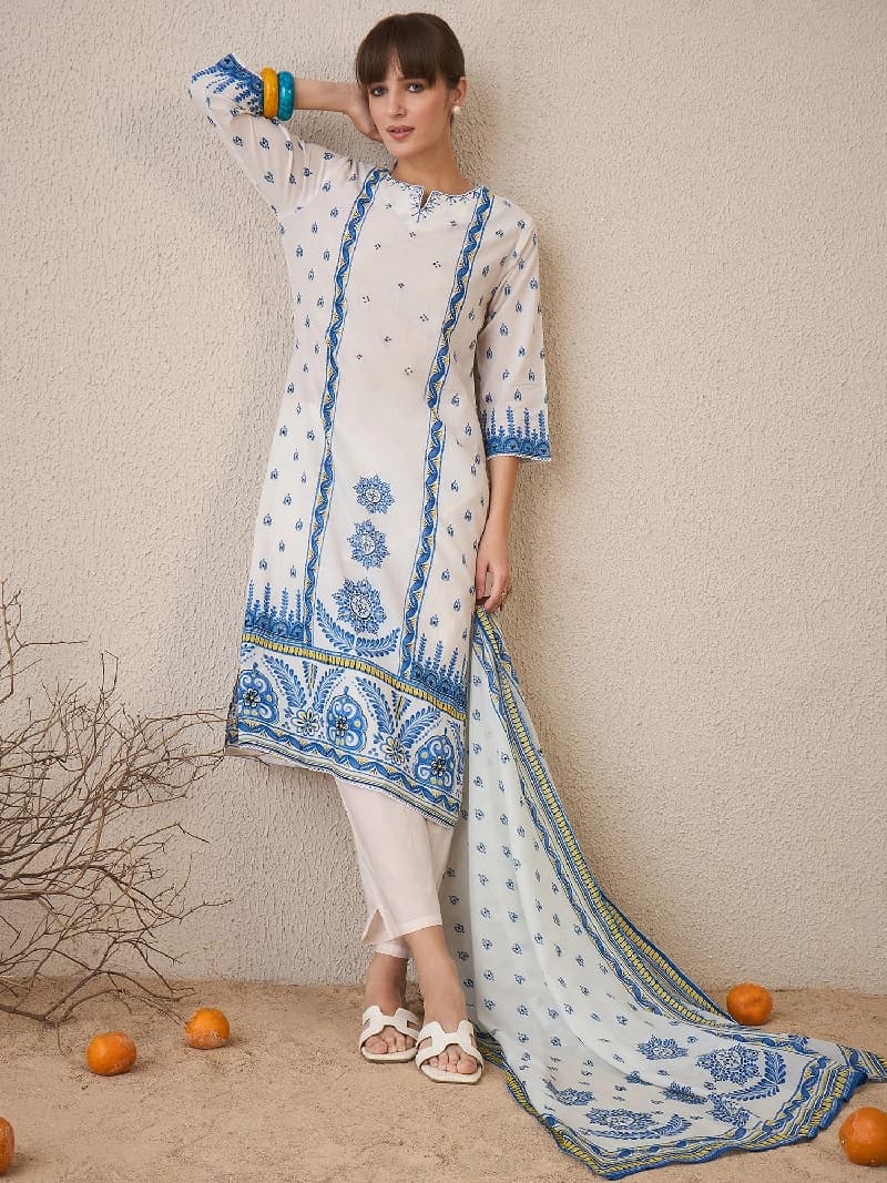 Women's White Casual Printed Kurta Set