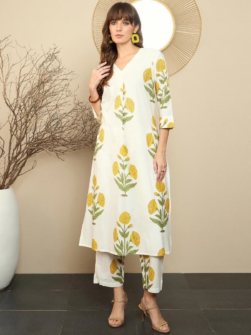 Women's White Casual Printed Kurta Set