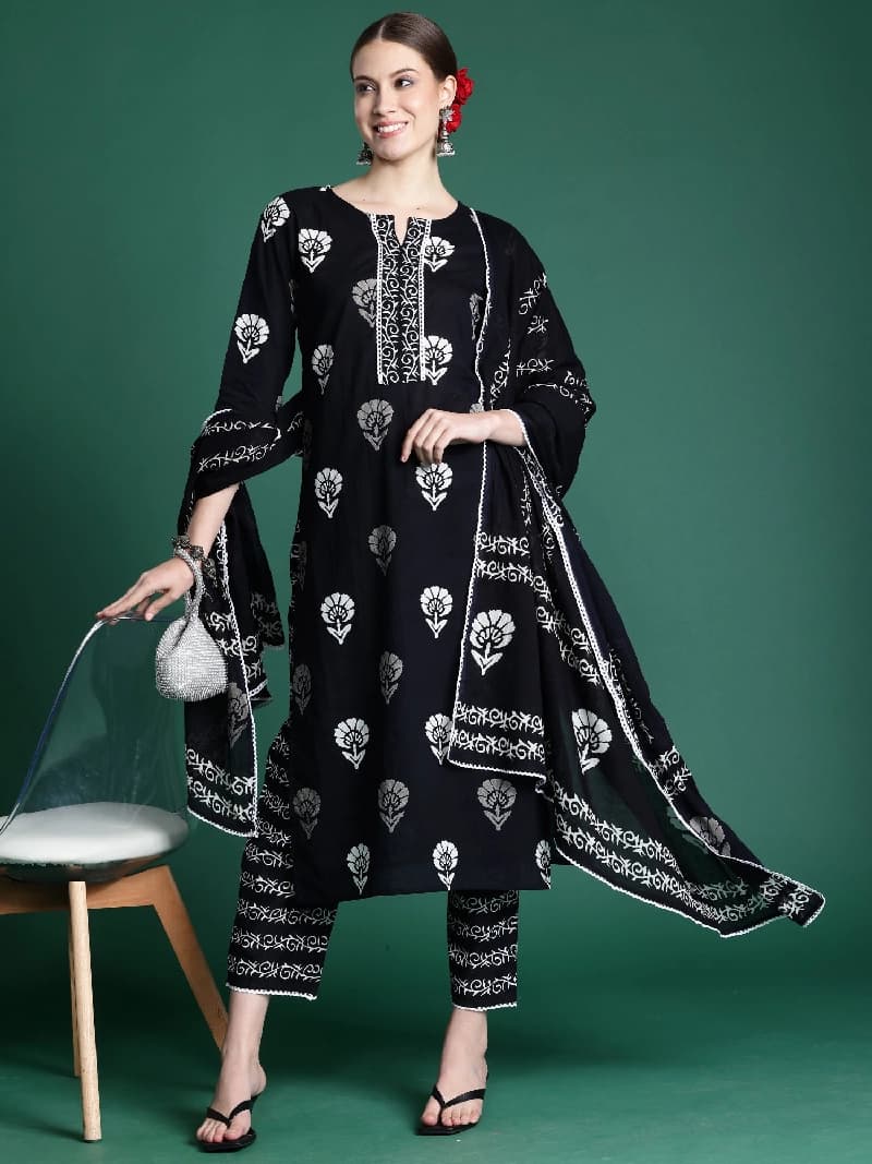 Women's Black Casual Printed Kurta Set