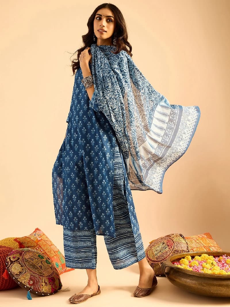 Women's Blue Casual Printed Kurta Set