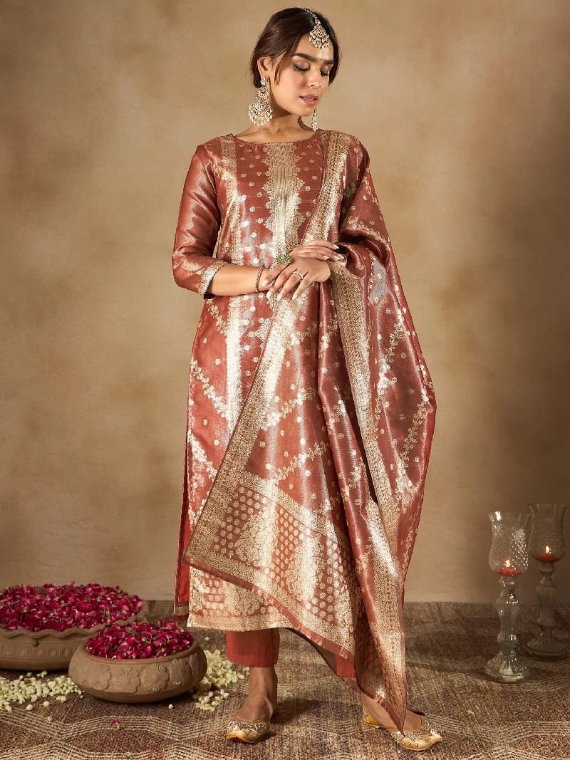 Women's Brown Festive Printed Kurta Set