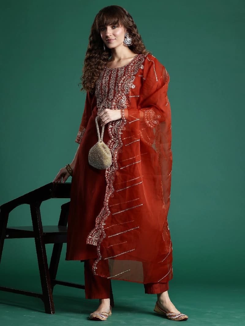 Women's Red Festive Kurta Set