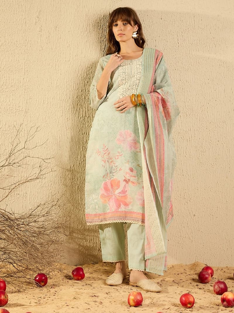 Women's Green Festive Printed Kurta Set
