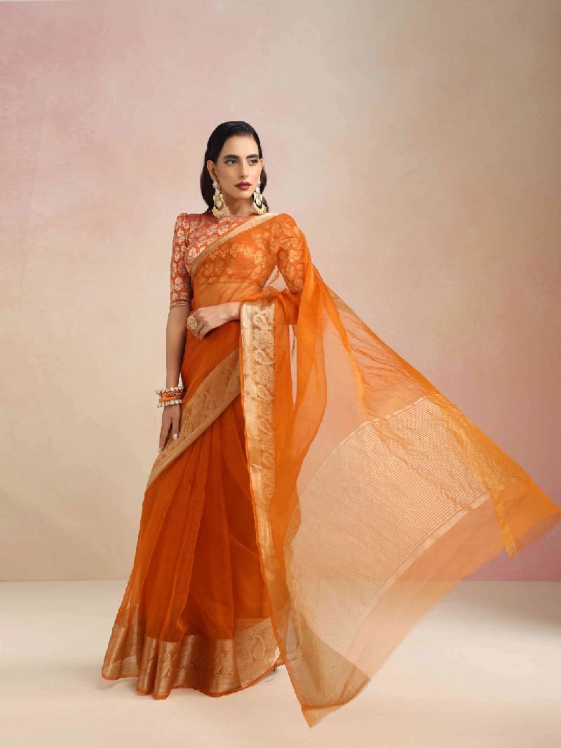 Women's Orange Festive Regular Fit Saree