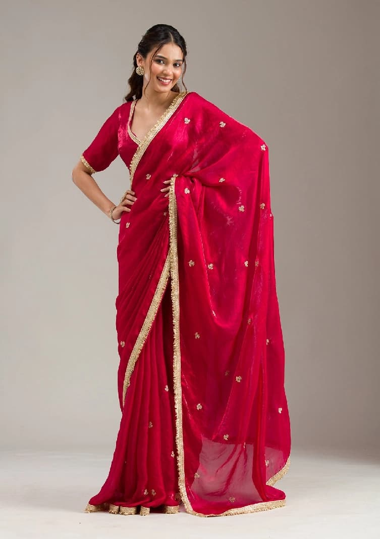 Women's Red Festive Regular Fit Saree