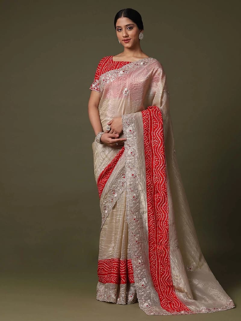 Women's Cream Festive Regular Fit Saree