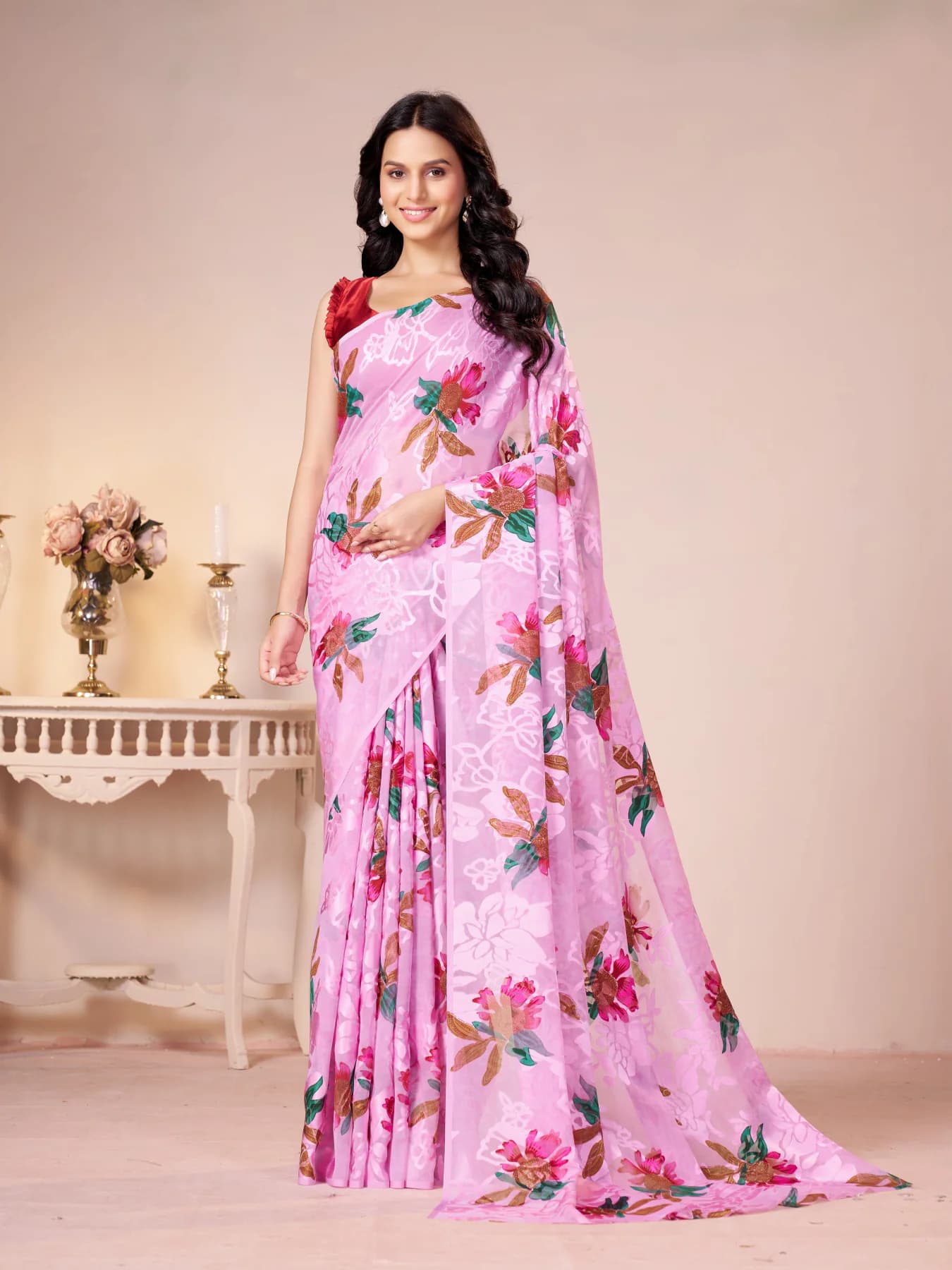 Women's Pink Party Floral Regular Fit Saree