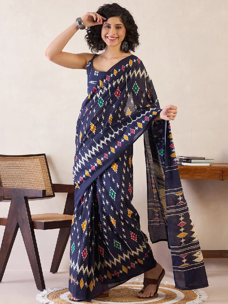 Women's Navy Festive Printed Saree