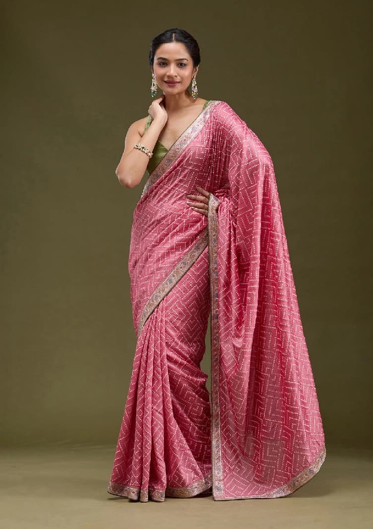Women's Pink Party Printed Regular Fit Saree