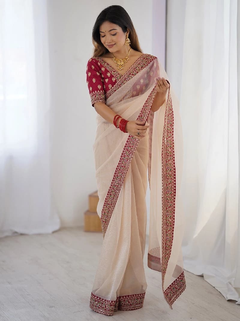 Women's White Party Regular Fit Saree