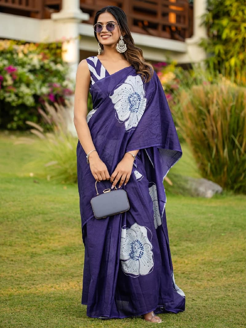 Women's Purple Party Printed Regular Fit Saree