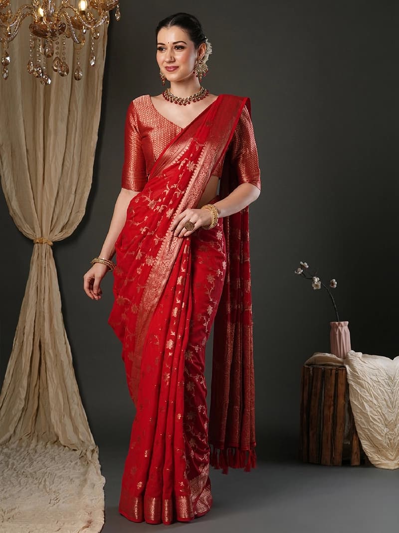 Women's Red Party Printed Regular Fit Saree