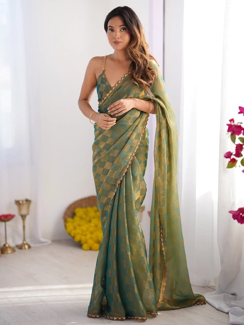 Women's Green Party Checked Regular Fit Saree