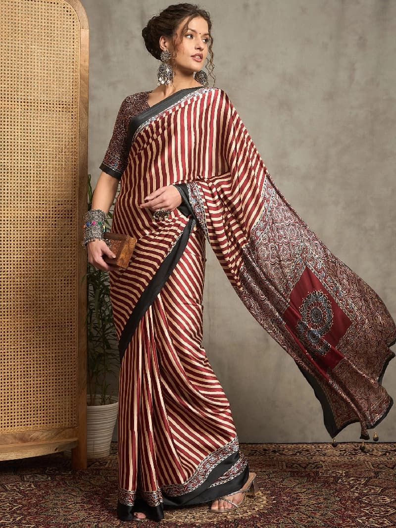 Women's Red Party Striped Regular Fit Saree