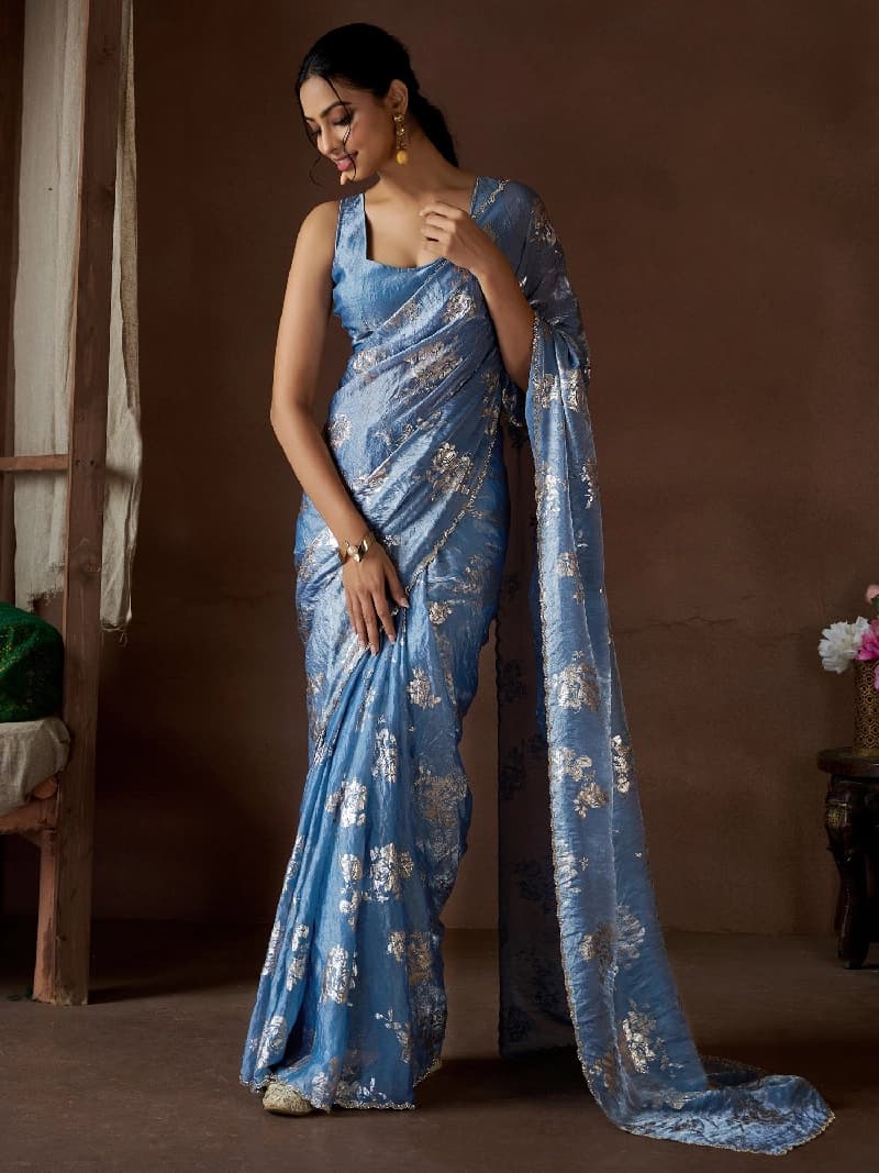 Women's Blue Party Regular Fit Saree