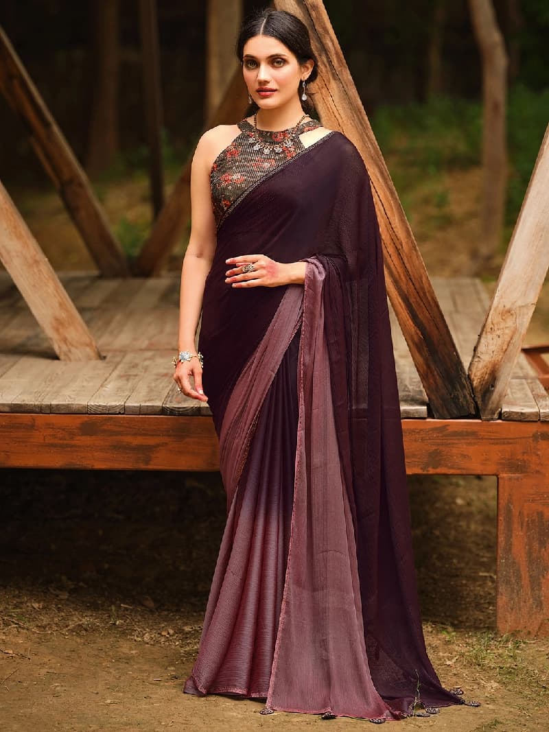 Women's Purple Party Solid Regular Fit Saree