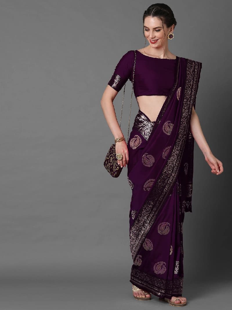 Women's Purple Party Printed Regular Fit Saree
