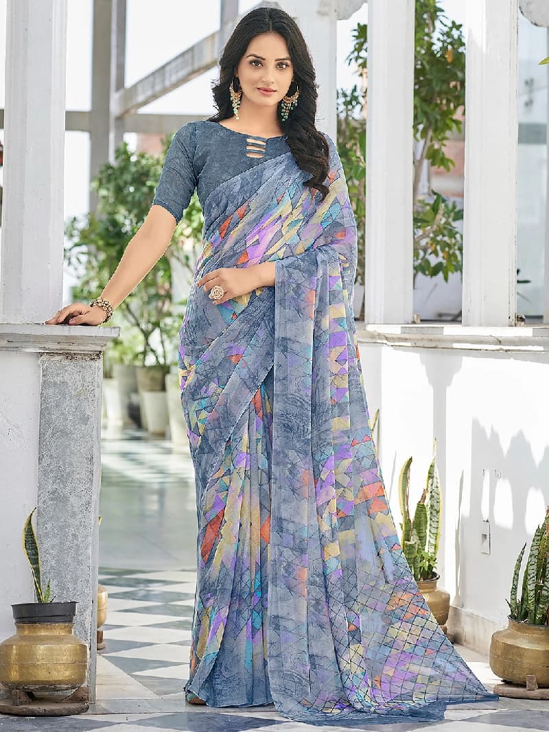 Women's Grey Party Printed Regular Fit Saree