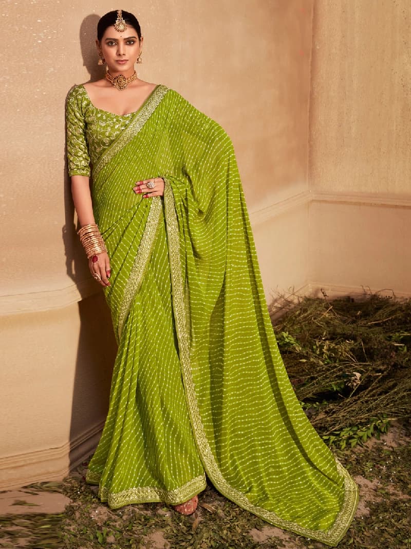 Women's Green Party Printed Regular Fit Saree