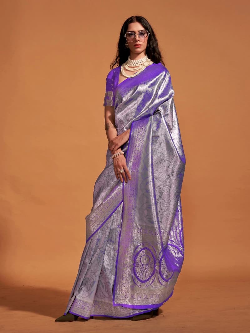 Women's Purple Party Printed Regular Fit Saree