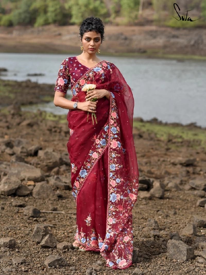 Women's Red Festive Saree