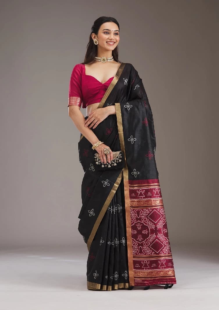 Women's Black Festive Regular Fit Saree
