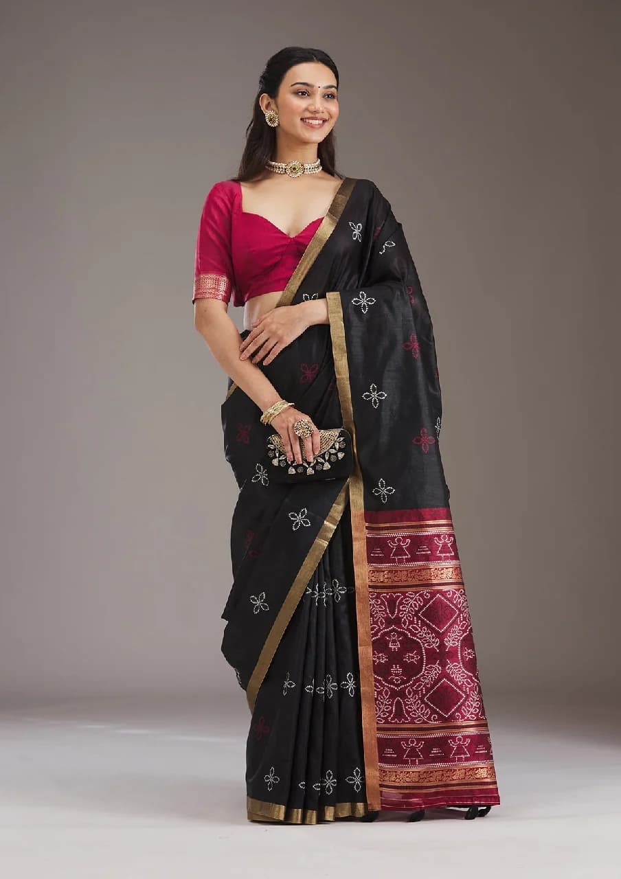 Women's Black Festive Regular Fit Saree