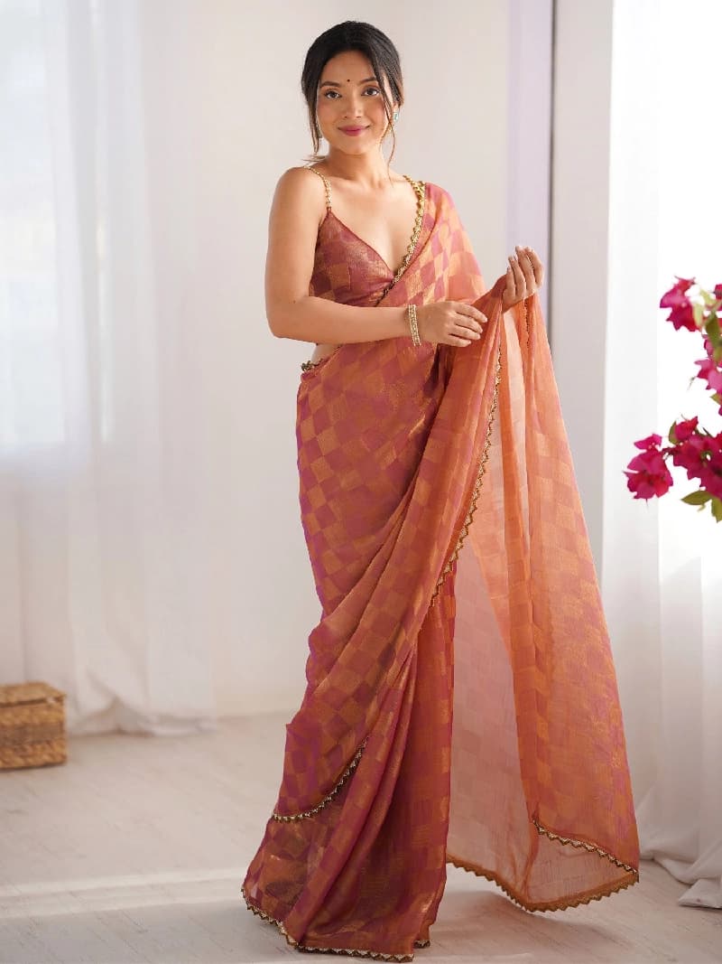 Women's Orange Party Regular Fit Saree