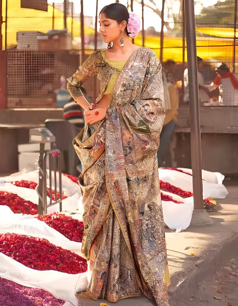 Women's Beige Party Regular Fit Saree