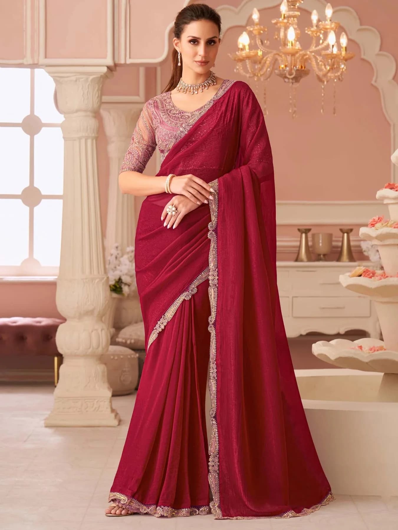 Women's Pink Party Regular Fit Saree