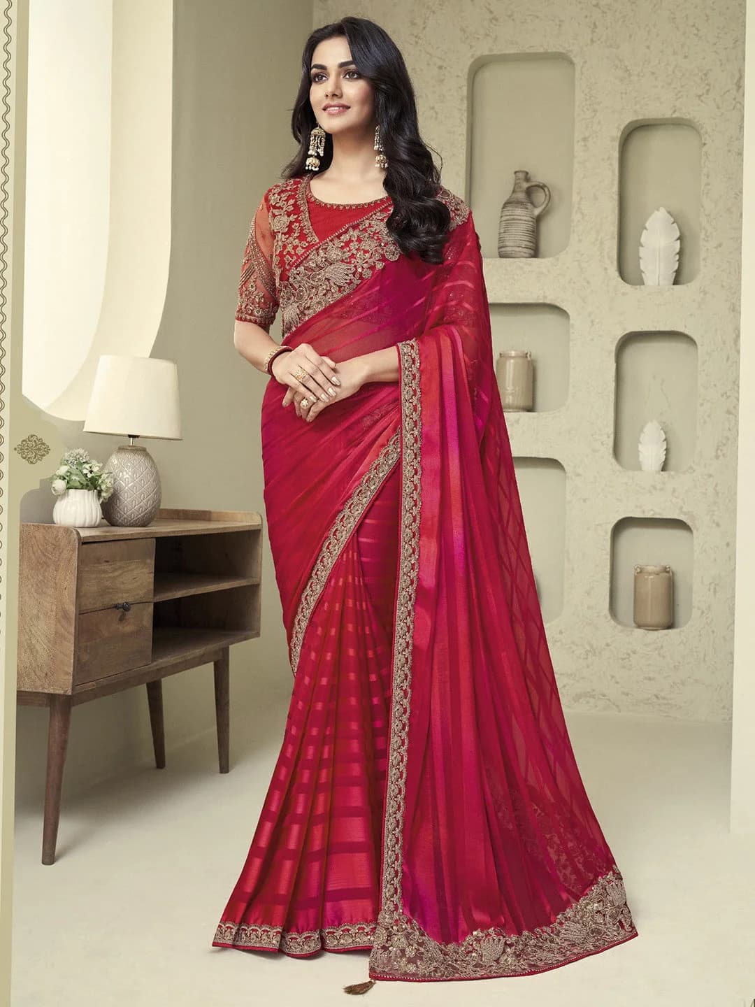 Women's Pink Party Regular Fit Saree