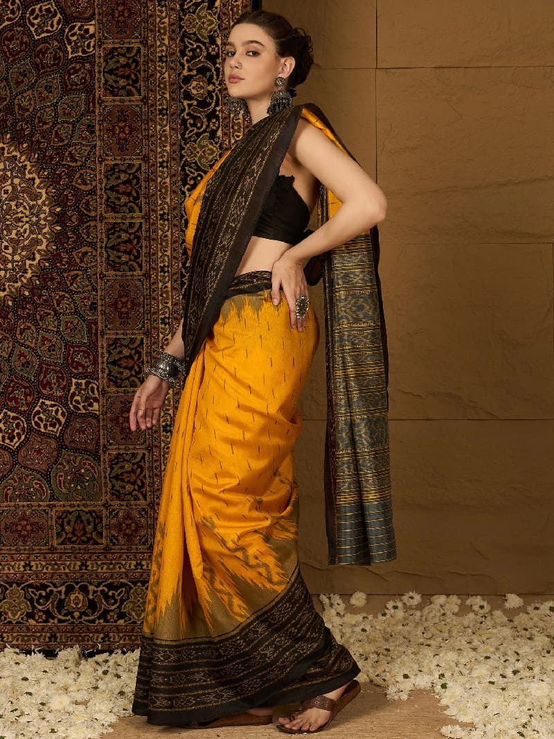 Women's Yellow Party Regular Fit Saree
