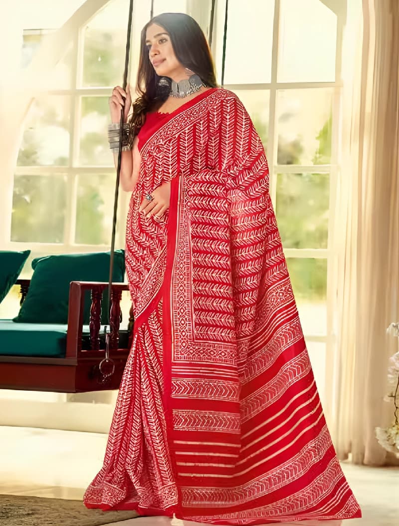 Women's Red Party Regular Fit Saree