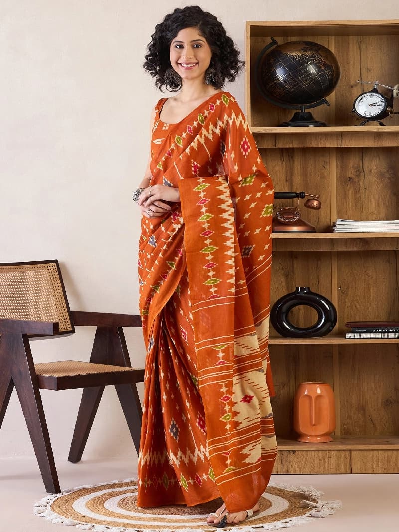 Women's Orange Party Regular Fit Saree