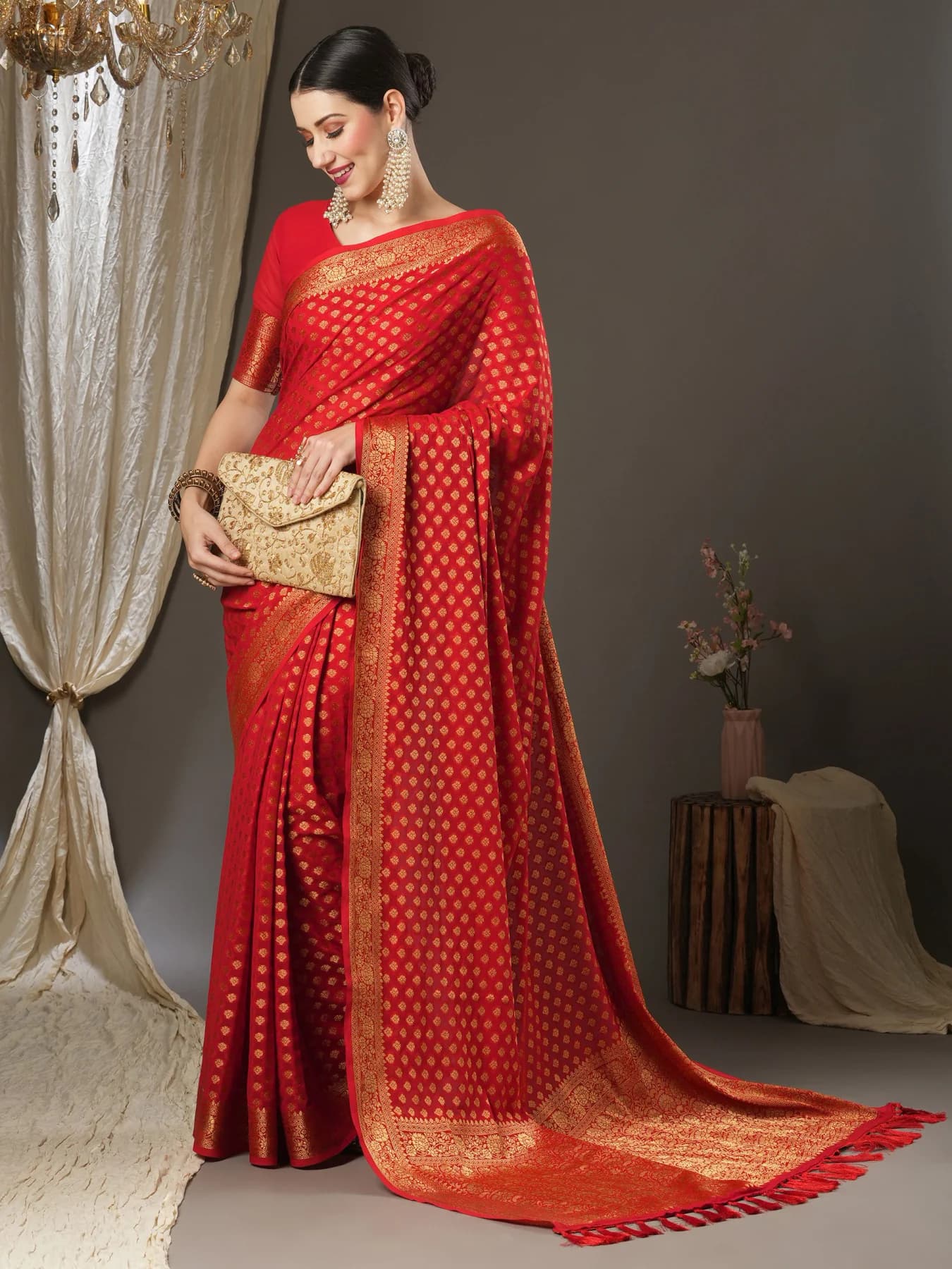 Women's Red Party Regular Fit Saree