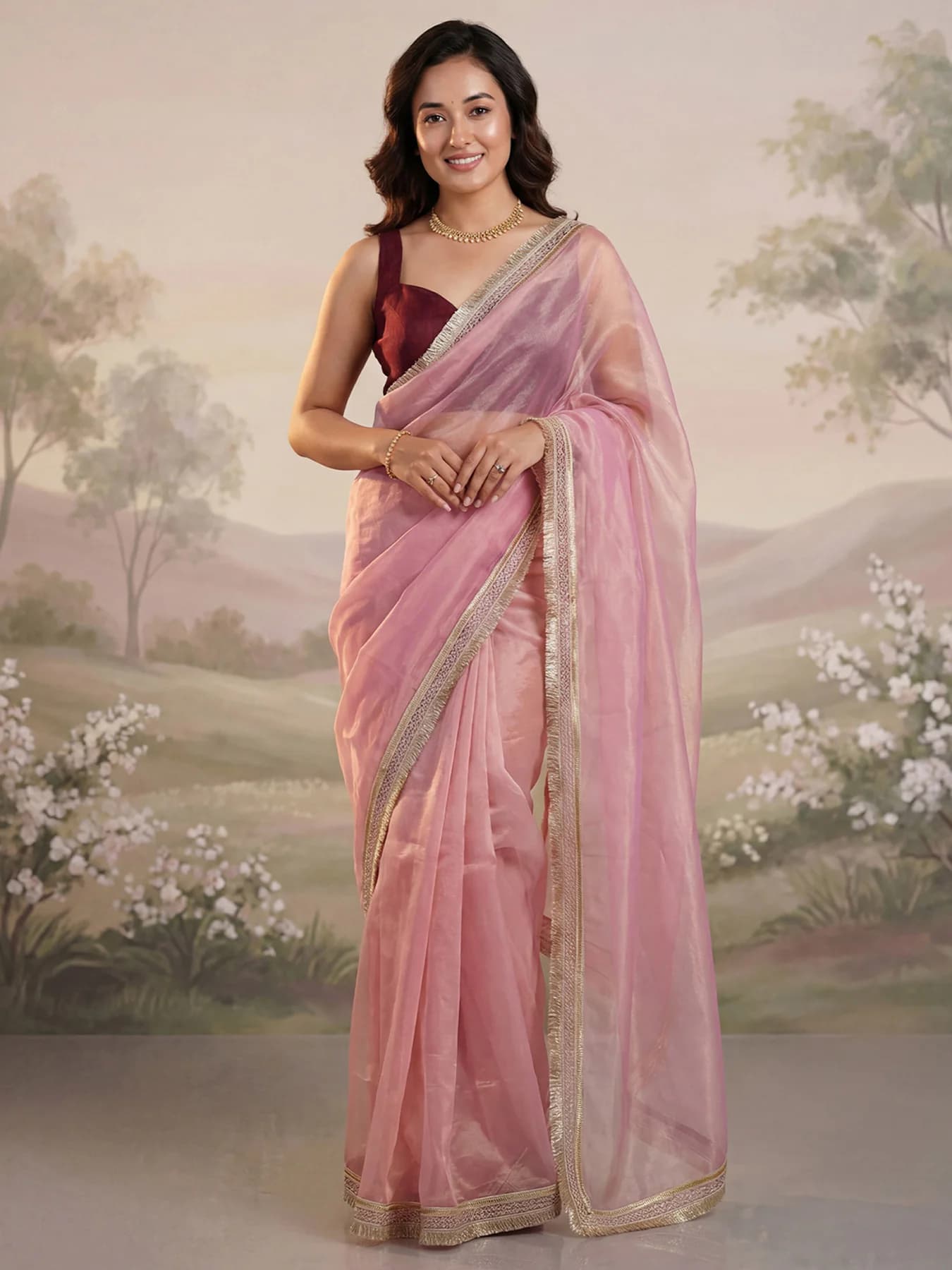 Women's Pink Party Regular Fit Saree