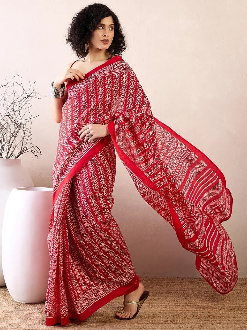 Women's Red Party Regular Fit Saree