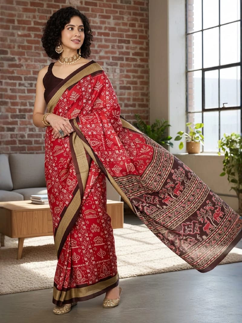 Women's Red Party Regular Fit Saree