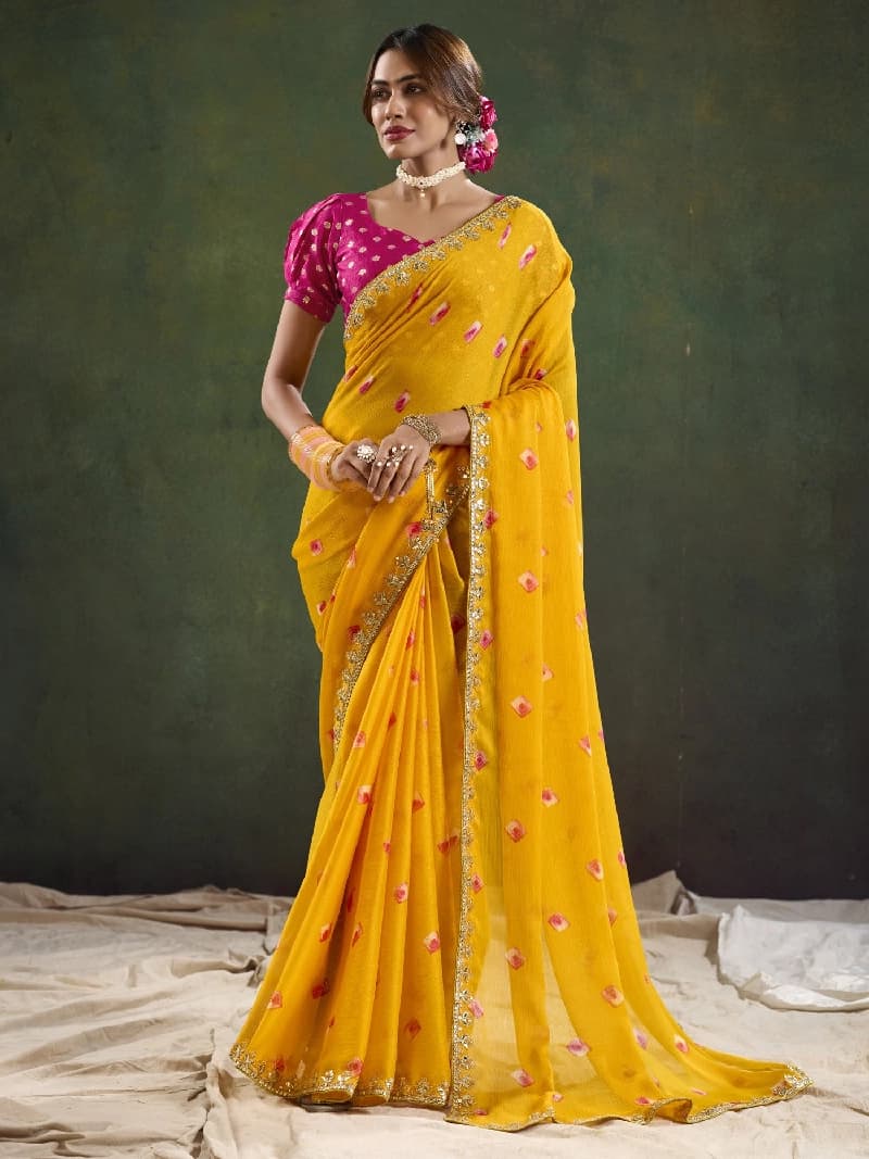 Women's Yellow Party Regular Fit Saree