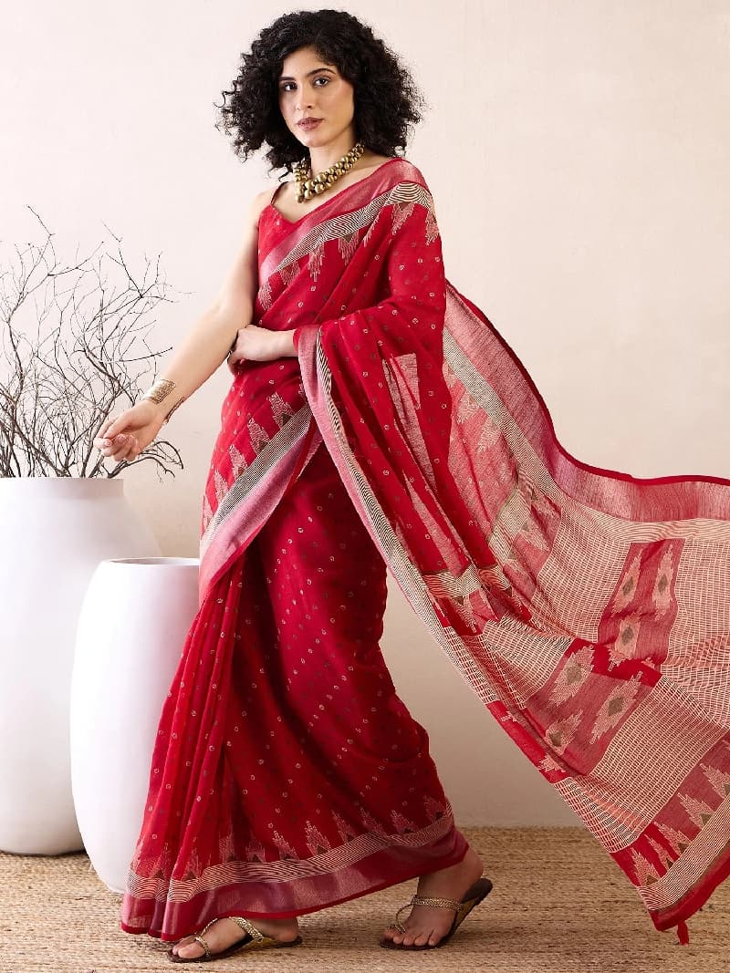 Women's Red Party Regular Fit Ready to Wear Saree