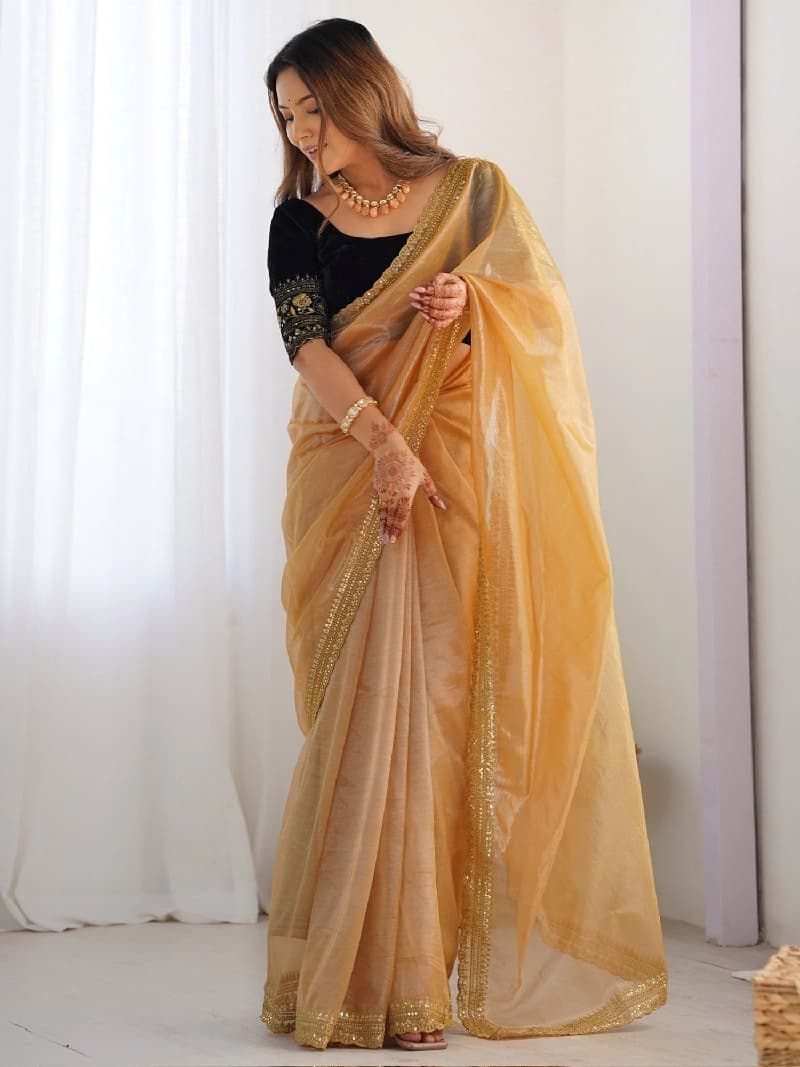Women's Gold Party Regular Fit Saree